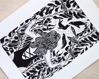 Selkie Gathering - hand-printed lino-cut/block print depicting a woman underwater looking through the kelp to see the seals - beach, surf