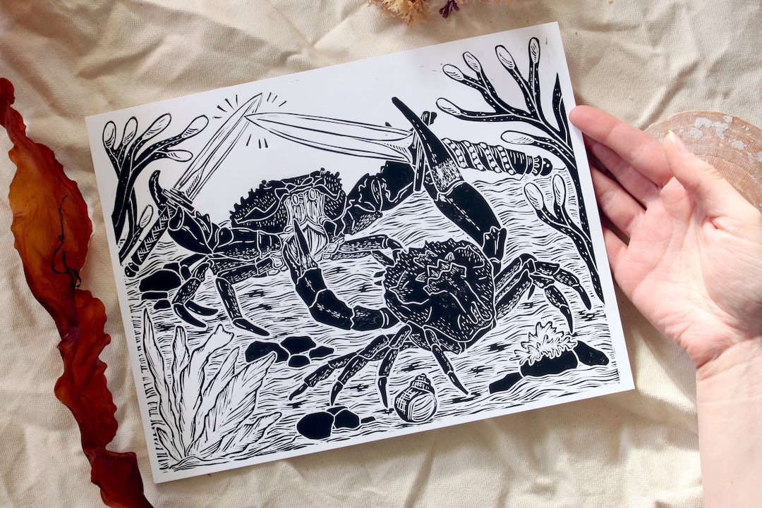 En Garde Linocut/block Print Depicting Two Duelling Crabs Surf, Swim