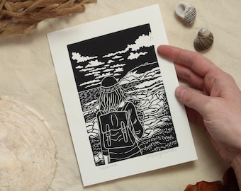 Coastal Hike - hand-printed linocut/block print depicting a hiker on a trail by the ocean - nature, landscape, outdoors, printmaking