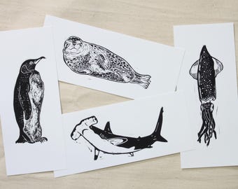 Robbe, Tintenfisch, Pinguin, Hammerhai - handgedruckte Linolschnitt/Blockdruck Mini-Prints/Lesezeichen - Ozean, Nautik, Surf, Tier, Marine