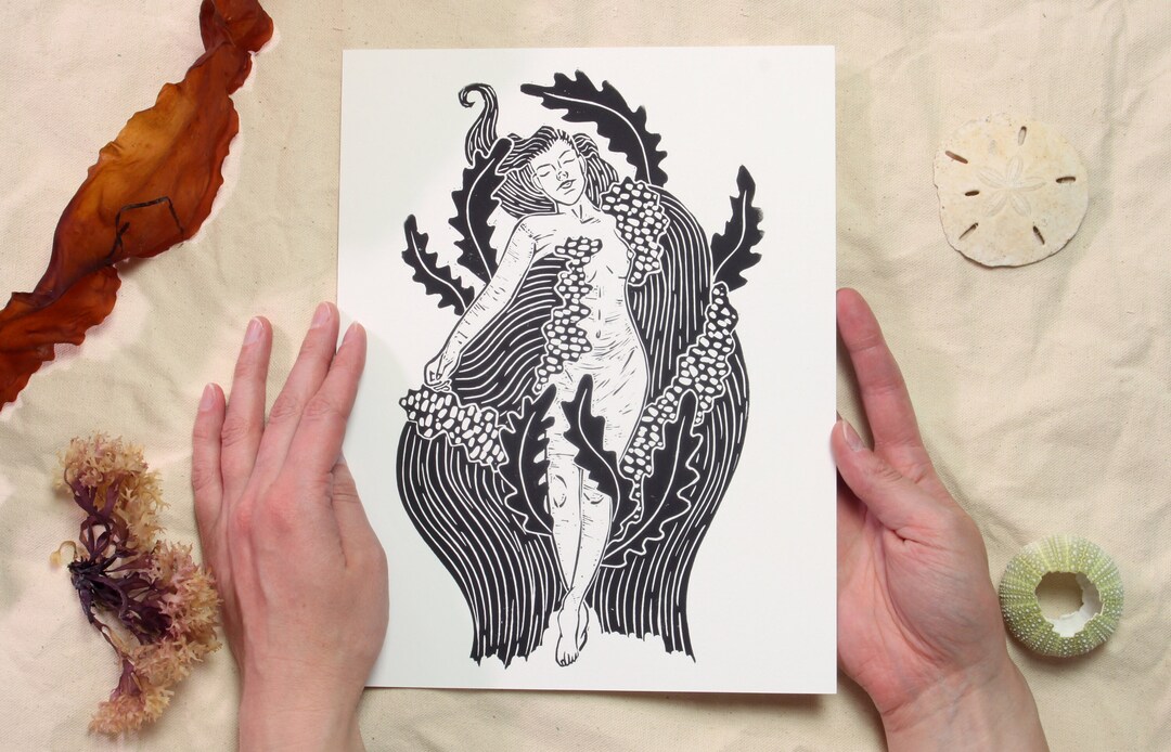  Kelp twirl, linocut block print on paper : Handmade Products