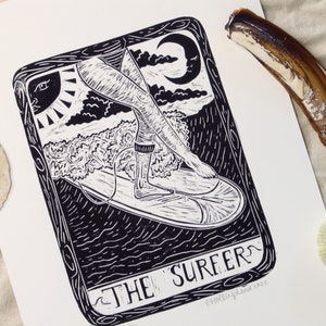 The Surfer Tarot Card - hand printed lino-cut/block print - female surfer, summer waves, sun, moon, art for your walls, ocean lover