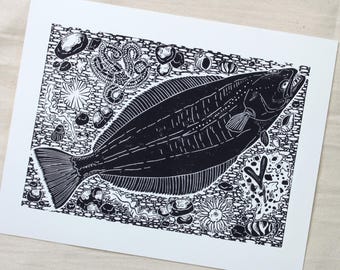 Halibut - hand pressed linocut print depicting a Halibut fish on the sea floor - ocean, beach, nautical, fishing