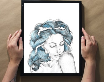 Wave Hair - Ink Line Drawing - Art Print, Wall Art, Coastal Home Decor - ocean artwork depicting a mermaid with beach waves in her hair