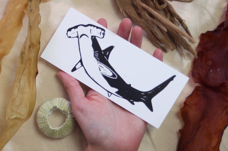 Hammerhead Shark hand-printed lino-cut block print bookmark, mini-print ocean, sea, swim, surf, dive image 1