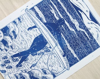 Cold Water Surf - Lino-cut, Block print depicting a surfer in the winter time - ocean, surf, wave, nautical, coastal, handmade, wall art