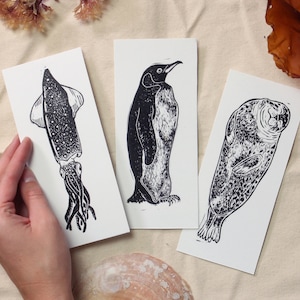 Seal, Squid, Penguin - hand-printed lino-cut/block print mini-prints/bookmarks - ocean, nautical, surf, animal, marine