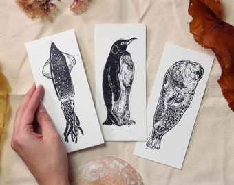 Seal, Squid, Penguin - hand-printed lino-cut/block print mini-prints/bookmarks - ocean, nautical, surf, animal, marine