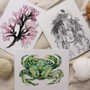 MINI PRINTS - reproductions numériques d'illustrations à la plume et encre et aquarelle au format mini ! - carte postale, carte, océan, surf, sirène