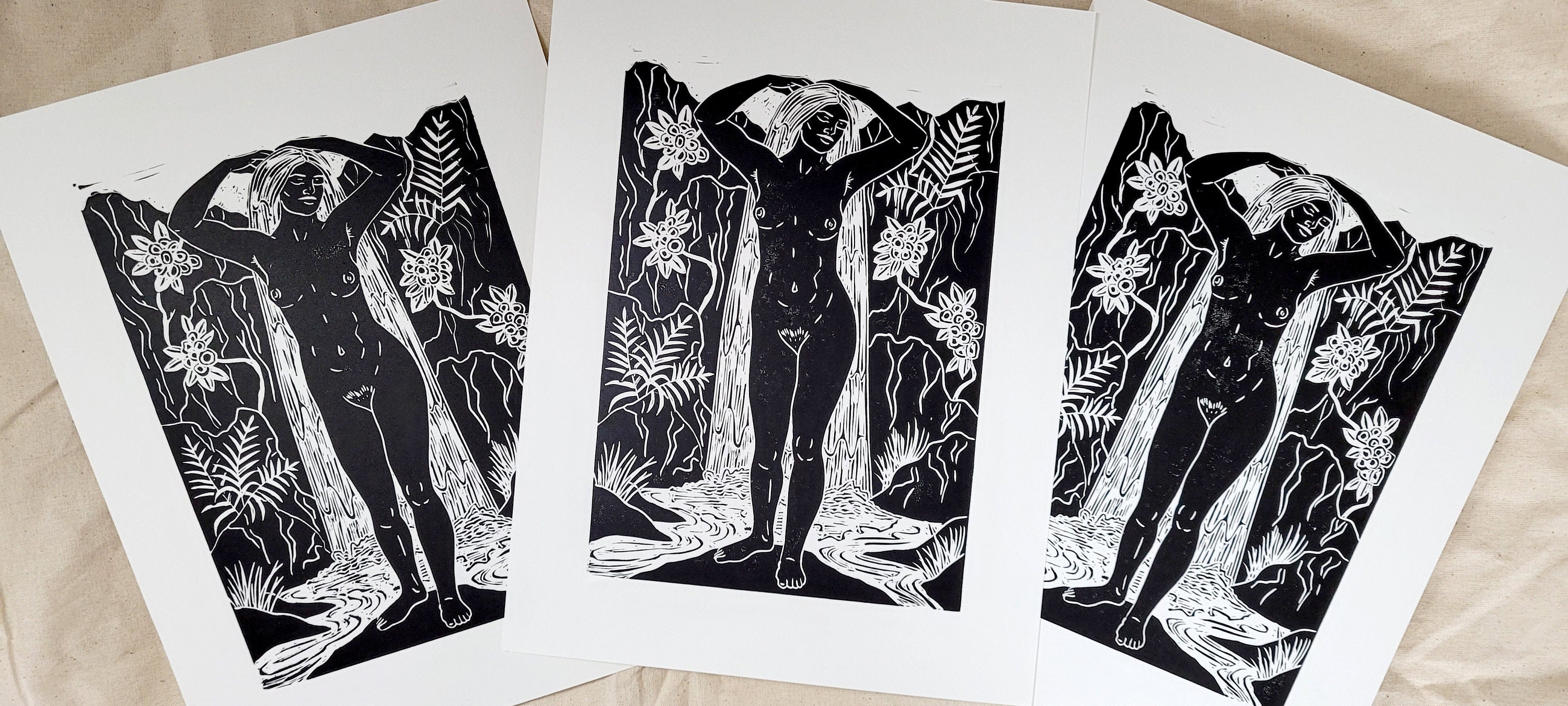 Mother Nature - handmade lino-cut block print depicting a female nude as Mother Nature/Mother Earth - waterfall, stream, river, plants