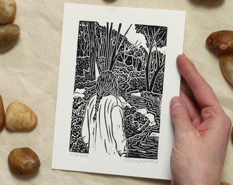 In The Trees - hand-printed linocut/block print depicting a hiker walking through the forest - nature, outdoors, landscape, printmaking