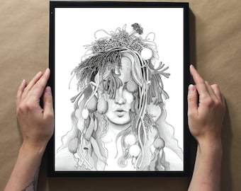 Seaweed Hair - Ink Line Drawing - Art Print, Wall Art, Coastal Home Decor - ocean artwork depicting a person with seaweed on their head