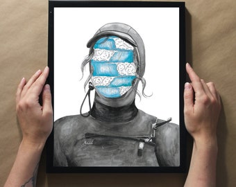 May include: A black and white illustration of a person wearing a wetsuit with a wave pattern covering their face. The person is wearing a black wetsuit with a zipper and a black helmet.