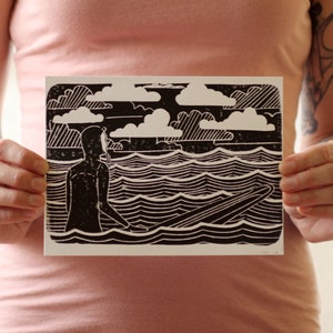 Handmade Block Print/Lino-Cut Print - Winter Surfer - surf art, ocean art, wave art, beach art, home decor, wall art