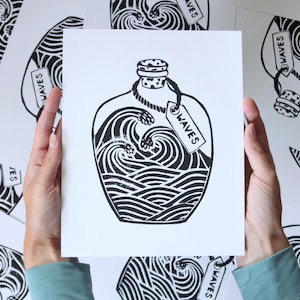 Handmade Block Print/Lino-cut Print - Waves In A Bottle - ocean art, surf art, wave art, beach art, home decor, wall art