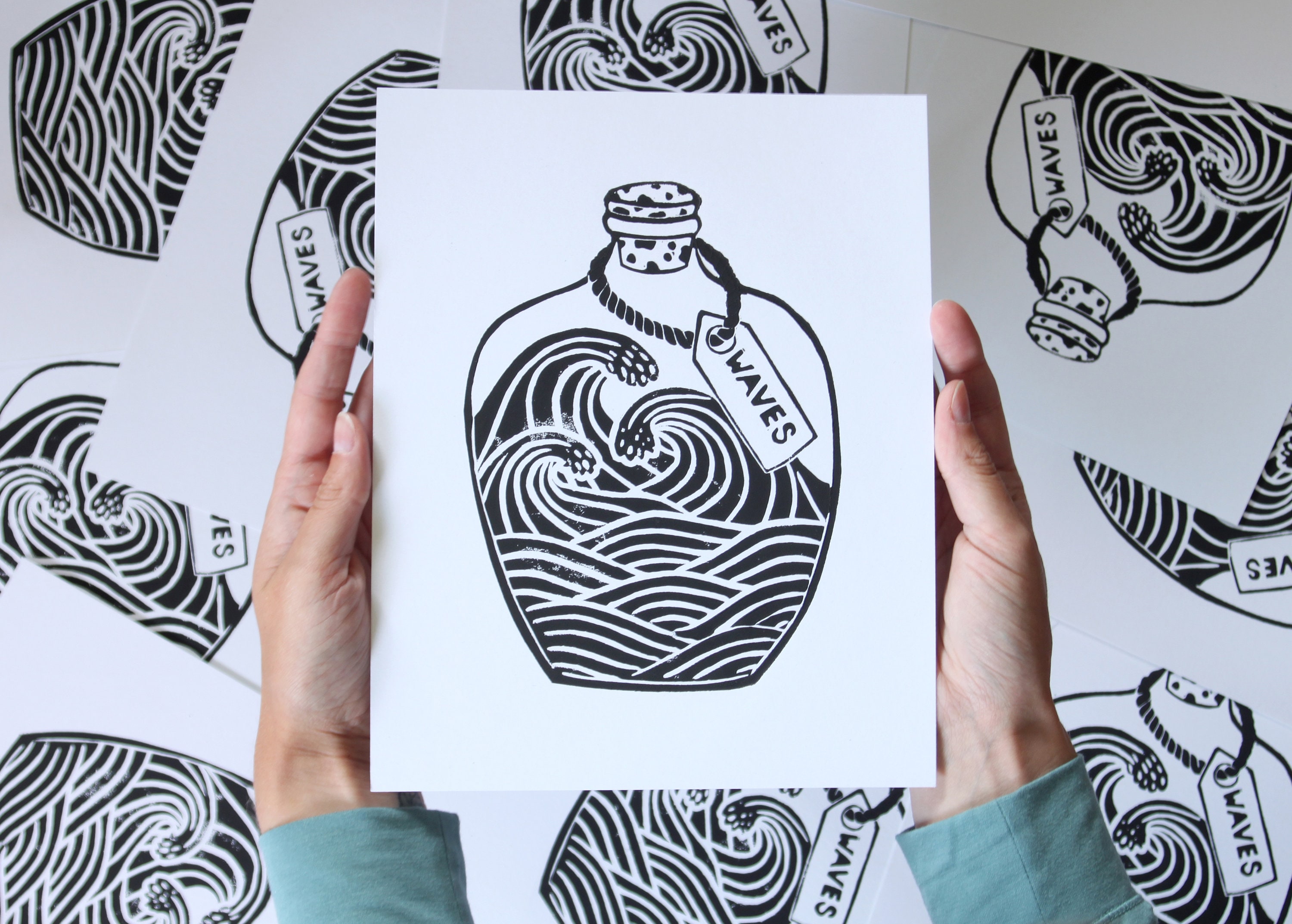 Handmade Block Print/linocut Print Waves in A Bottle Etsy Canada
