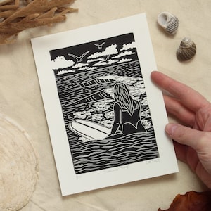Summer Days - hand-printed linocut/block print depicting a surfer waiting for a wave - swim, surf, printmaking, handmade