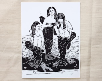 Handgefertigter Linoldruck - Selkies - Darstellung von Selkies die ihre Robbenfelle ausziehen um in den Ozean zu springen