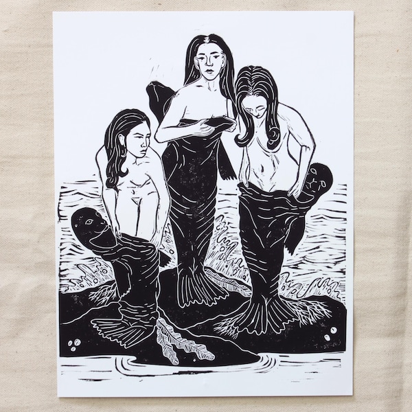 Handmade Lino-Cut Print - Selkies - depicting selkies putting on their seal skins to hop into the ocean - folklore, seal people, handmade