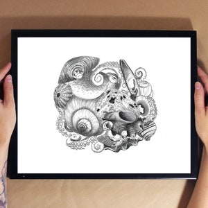 Octopus - Ink Line Drawing - Art Print, Wall Art, Coastal Home Decor - ocean artwork depicting an octopus protecting itself with shells