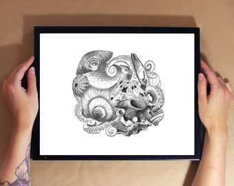 Octopus - Ink Line Drawing - Art Print, Wall Art, Coastal Home Decor - ocean artwork depicting an octopus protecting itself with shells