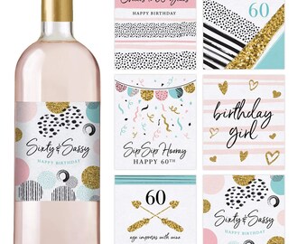 Gold Happy 60th Birthday Glossy Wine bottle label Celebration Gift for Women and Men. Gold Happy 60th Birthday Glossy Wine bottle label Celebration Gift for Women and Men.