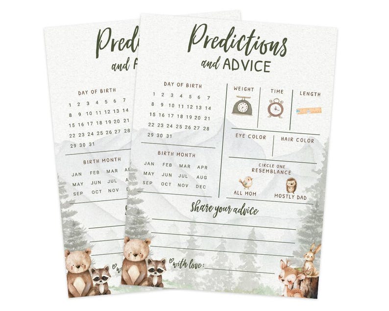 Tarjetas de predicciones y consejos para bebés – Juego de baby shower de aventura en el bosque, adorable temática de animales del bosque para niño, paquete de 30 (PRP-2001) imagen 5