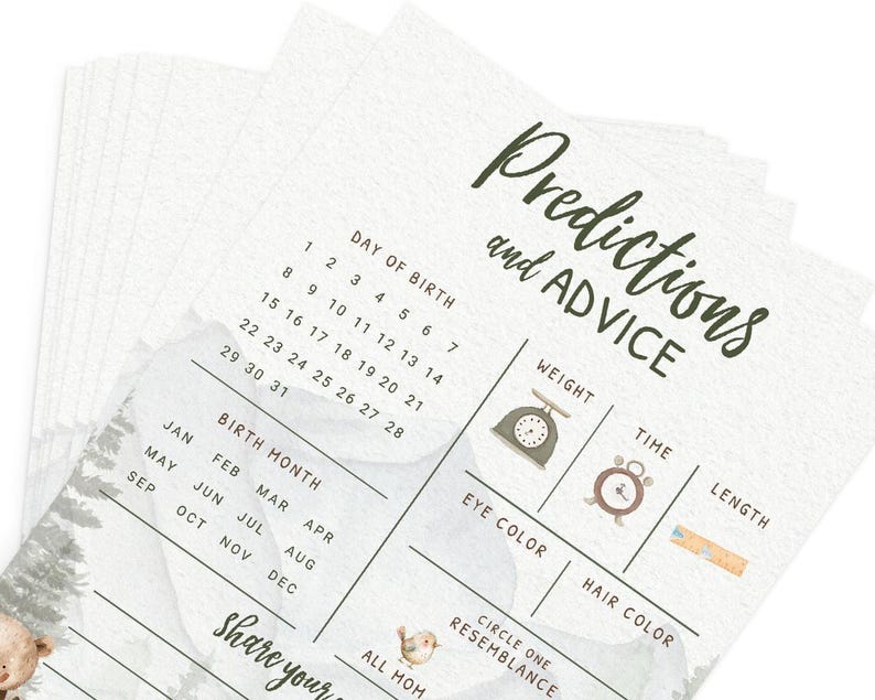 Tarjetas de predicciones y consejos para bebés – Juego de baby shower de aventura en el bosque, adorable temática de animales del bosque para niño, paquete de 30 (PRP-2001) imagen 6