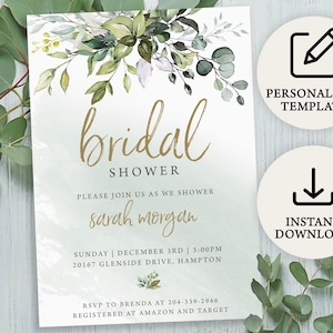 Digital Eucalyptus Bridal Shower Wedding Invitation | Instant Download | PRP-102, PRP-100