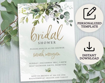 Digital Eucalyptus Bridal Shower Wedding Invitation | Instant Download | PRP-102, PRP-100