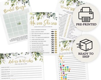 Bridal Shower Game Set - 5 Games for 50 Guests, Printed Double-Sided, Eucalyptus (PRP-101, PRP-100)