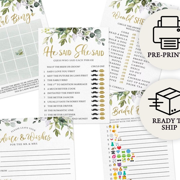 Bridal Shower Game Set - 5 Games for 50 Guests, Printed Double-Sided, Eucalyptus (PRP-101, PRP-100)