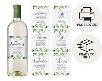 Marriage Milestones Wedding Gift - Waterproof Wine Bottle Labels for the Bride-to-Be, Printed Set of 6, Greenery (PRP-101)