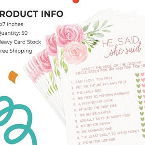 He Said She Said - Bridal Shower Game, 50 Printed Cards, Pink Floral (PRP-301) image 6