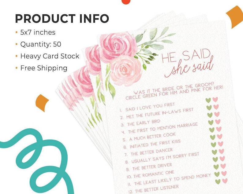 He Said She Said - Bridal Shower Game, 50 Printed Cards, Pink Floral (PRP-301) image 6