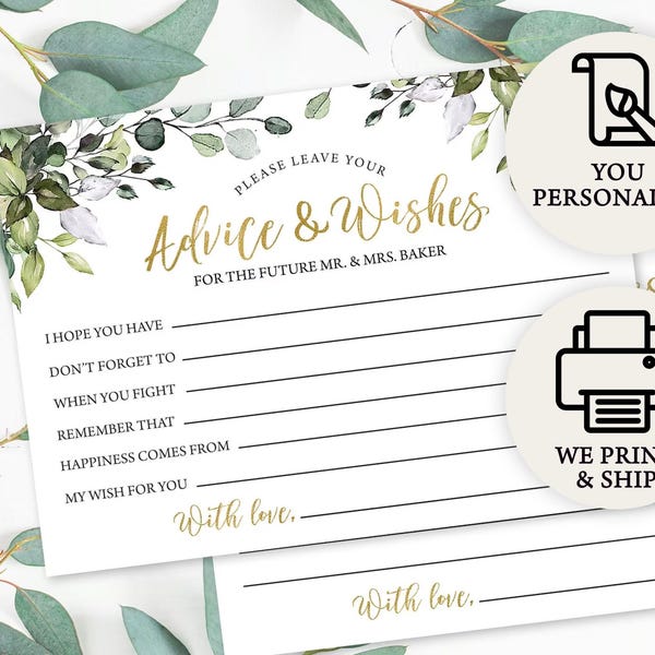 Personalized & Printed Eucalyptus Wedding Advice Card Bridal Shower Game |  Custom Print