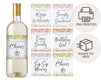 70th Birthday Party Decoration - Waterproof Wine Bottle Labels, Printed Set of 6, Confetti