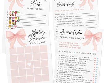 Baby Shower Game Set - 4 Games for 30 Guests, Printed Double-Sided, Pink Bow (PRP-3001)