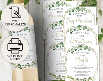 Personalized Gold Greenery Full Size Bottle Labels | Set of 6 | Wedding Wine Bottle Labels | Custom Print