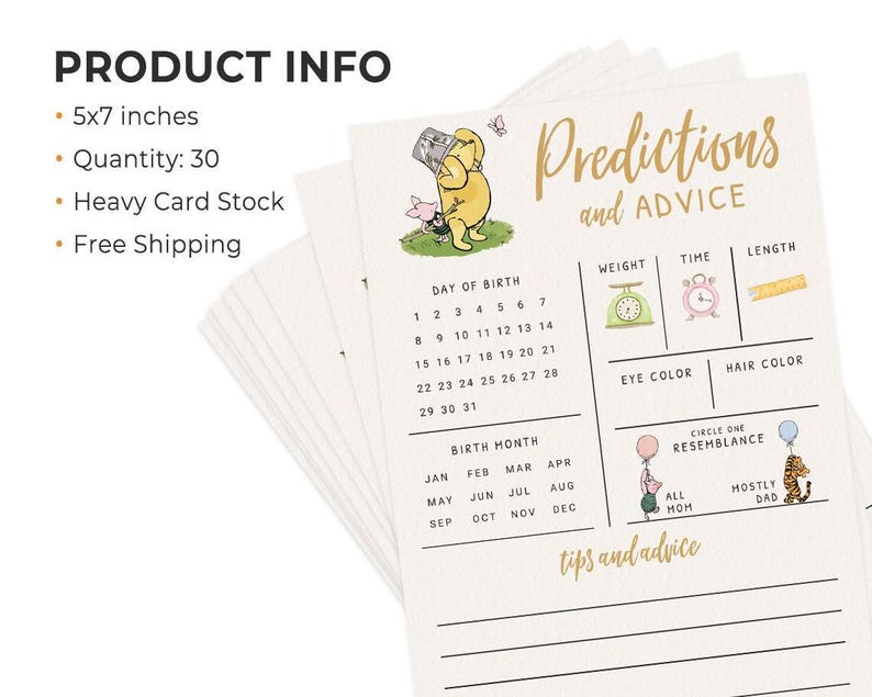 Baby Predictions & Advice Cards – Classic Pooh Theme, Winnie Baby Shower Game for Guests, Gender Reveal Activity, 30 Pack (PRP-1001) image 2