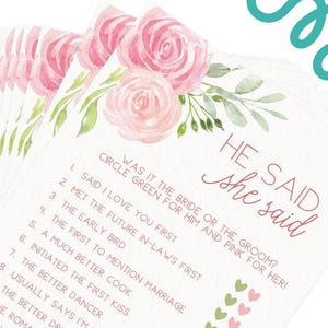He Said She Said - Bridal Shower Game, 50 Printed Cards, Pink Floral (PRP-301) image 5