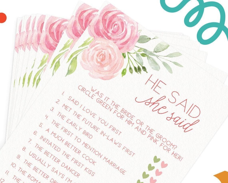 He Said She Said - Bridal Shower Game, 50 Printed Cards, Pink Floral (PRP-301) image 5