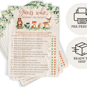 Mommy or Daddy Trivia - Woodland Baby Shower Game, 50 Printed Cards, Forest Animals (PRP-311)