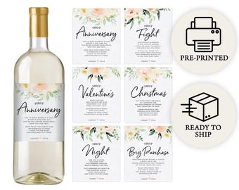 Marriage Milestones Wedding Gift - Waterproof Wine Bottle Labels for the Bride-to-Be, Printed Set of 6, Pink Floral (PRP-301)