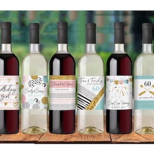 60th Birthday Party Decoration Waterproof Wine Bottle Labels, Printed Set of 6, Pink and Gold image 6