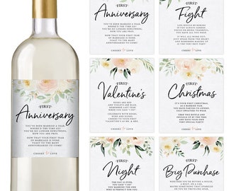 Printed Floral Wedding Wine Bottle Labels, Set of 6 Waterproof Labels