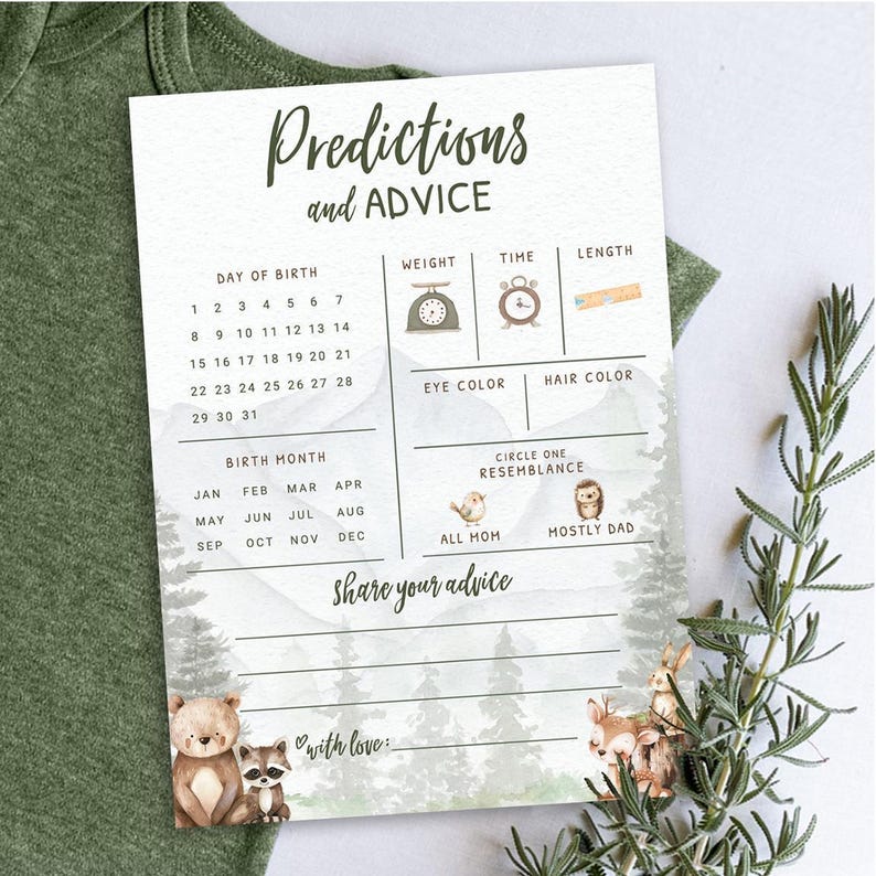 Tarjetas de predicciones y consejos para bebés – Juego de baby shower de aventura en el bosque, adorable temática de animales del bosque para niño, paquete de 30 (PRP-2001) imagen 1