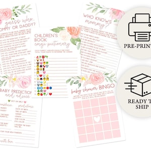Baby Shower Game Set - 5 Games for 50 Guests, Printed Double-Sided, Pink Floral (PRP-311)