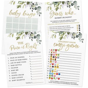 Baby Shower Game Set - 4 Games for 30 Guests, Printed Double-Sided, Eucalyptus (PRP-111))