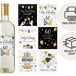60th Birthday Party Decoration - Waterproof Wine Bottle Labels, Printed Set of 6, Black and Gold